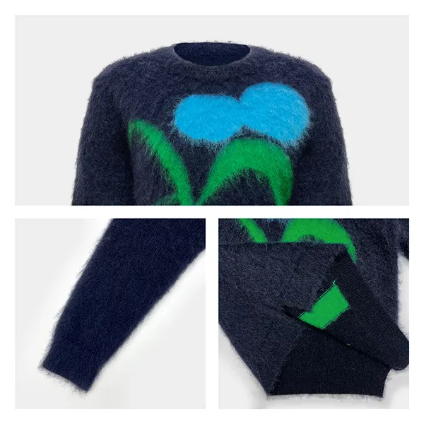 fuzzy mohair knit pullover with abstract floral graphic knitting details