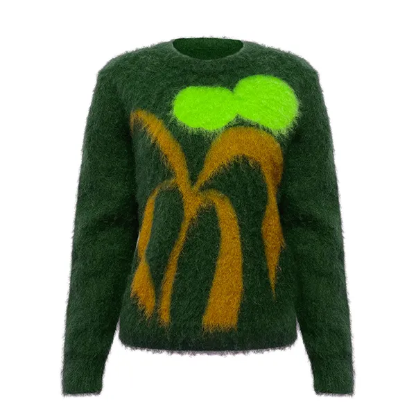 green fuzzy mohair knit pullover with abstract floral graphic