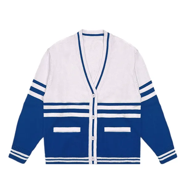 blue relaxed v-neck color block knit cardigan with pockets