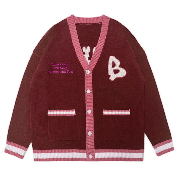 red relaxed v-neck knit jacket with embroidered patches