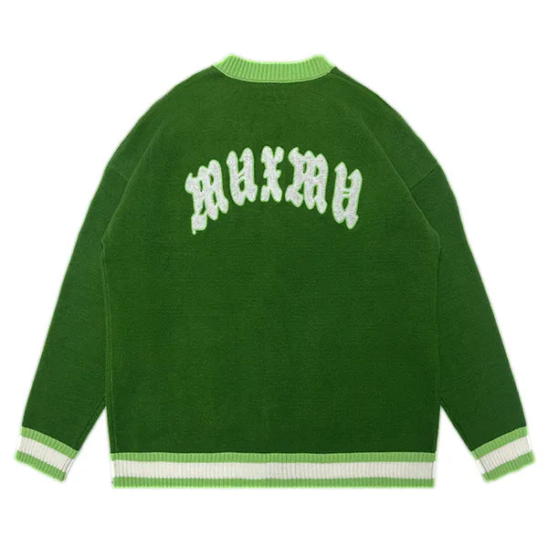 relaxed v-neck knit jacket with embroidered patches back