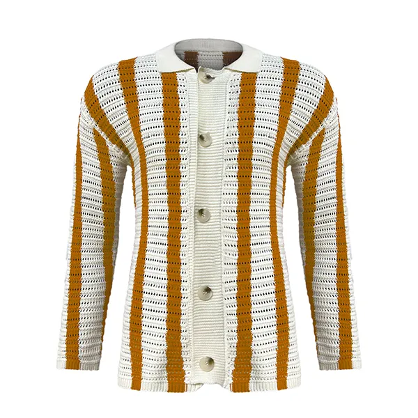 yellow pointelle vertical stripe knit jacket with buttons