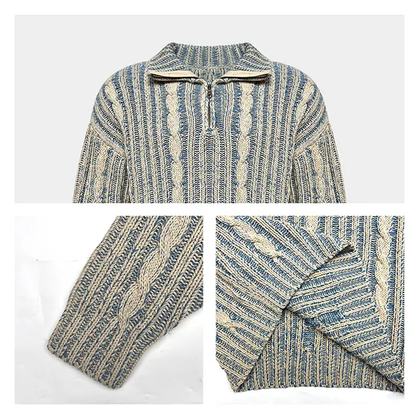 half zip cable knit drop shoulder polo knitting details