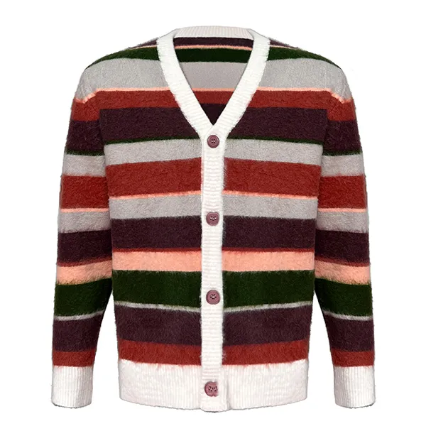 red vintage striped fuzzy v-neck knit jacket