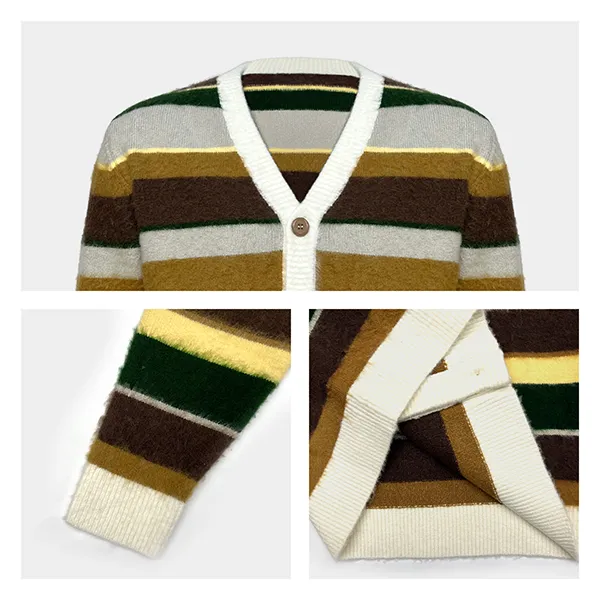 vintage striped fuzzy v-neck knit jacket knitting details