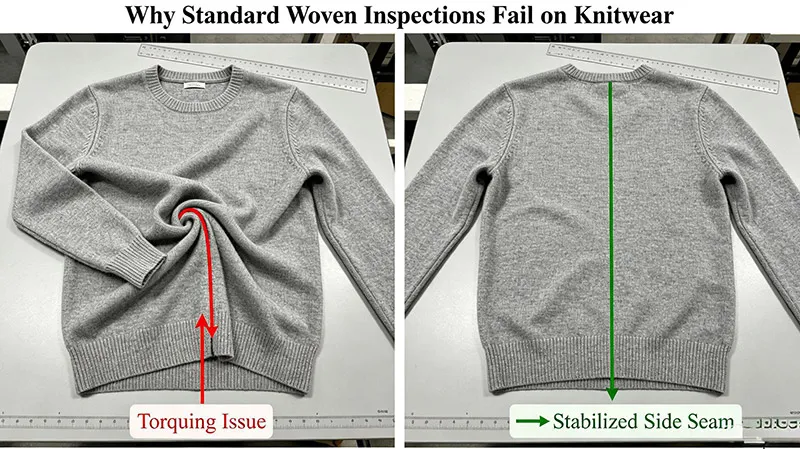 Comparison of knitwear side seam torquing defect versus properly steamed straight seam