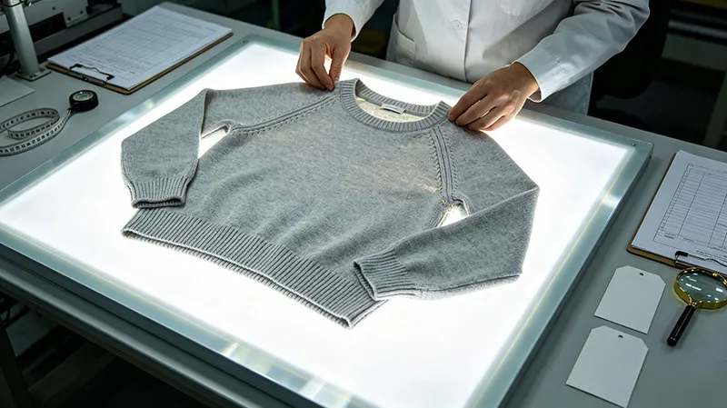100% lightboard inspection process to detect dropped stitches and micro holes in sweaters