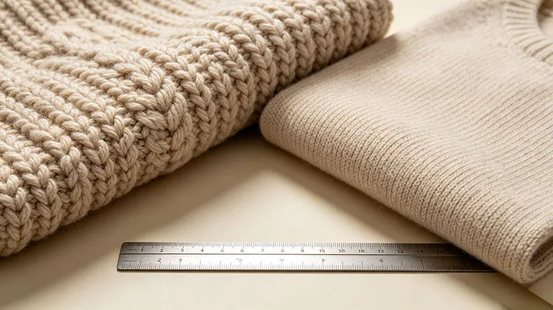 Close up comparison between 3GG coarse gauge cable knit and 12GG fine gauge sweater fabric