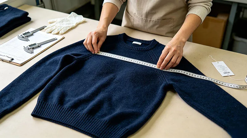 QC inspector measuring sweater body length and chest width on flat table using steel tape