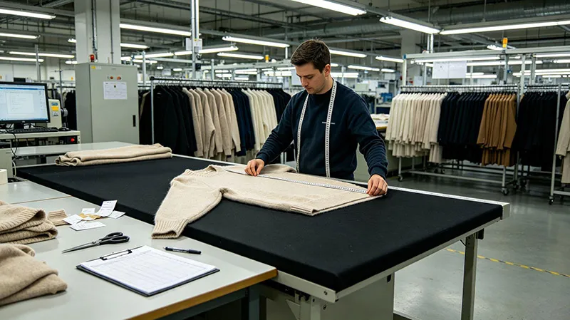 Professional knitwear quality control inspector reviewing sweater garments in factory