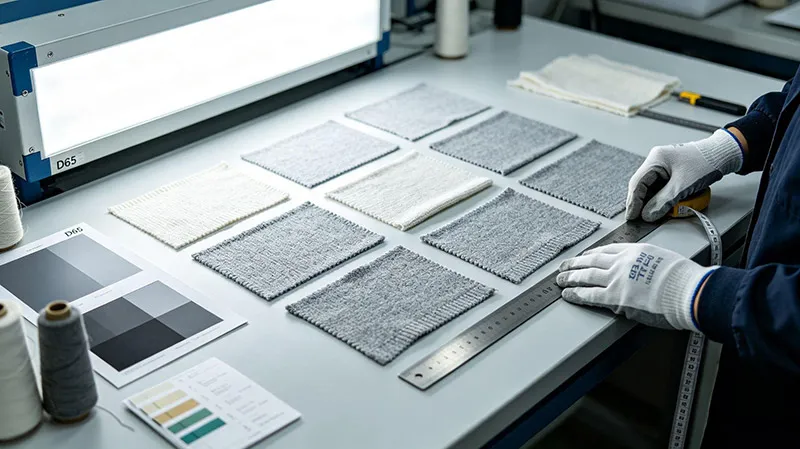 Knitwear technician performing lap dip shade evaluation under standard light box and yarn shrinkage swatch testing