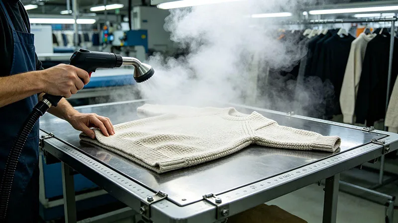 High-pressure steam boarding and dimensional blocking process for finished knitwear garments