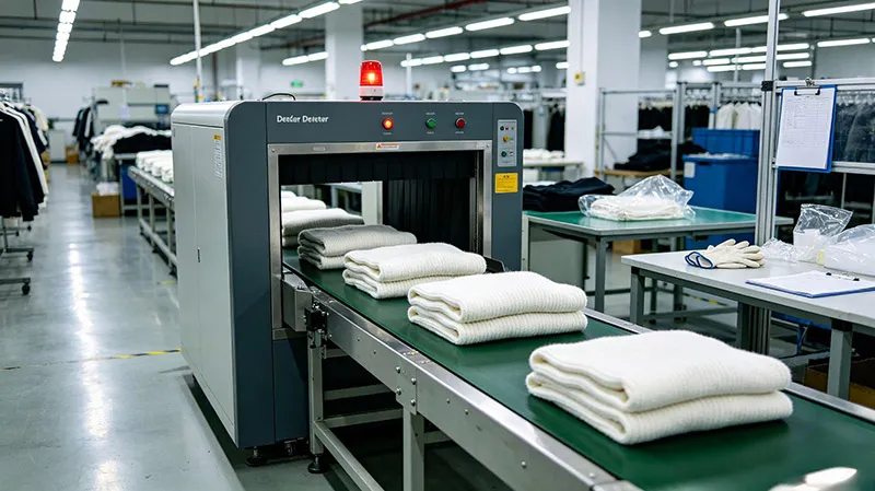 Finished custom sweaters passing through conveyor belt needle detector machine for export quality assurance