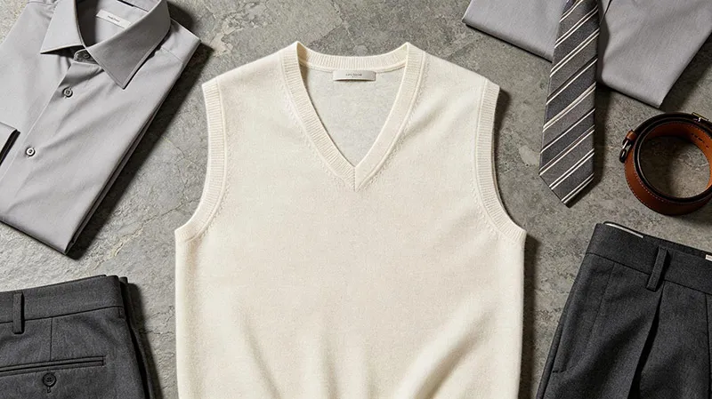 16GG fine-gauge men's sleeveless V-neck sweater vest layered with dress shirt