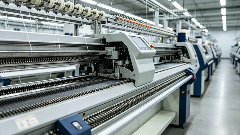 German STOLL computerized flat knitting machine producing intarsia sweater vest panels