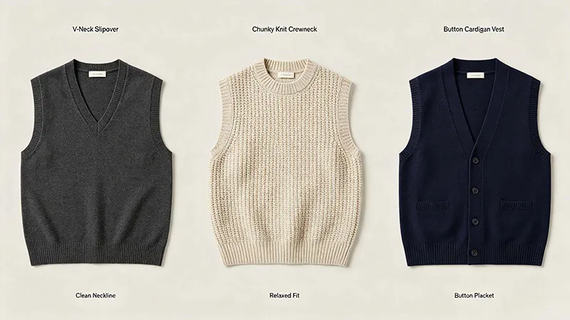 Custom men's knit vest silhouettes including V-neck slipovers and cardigan vests