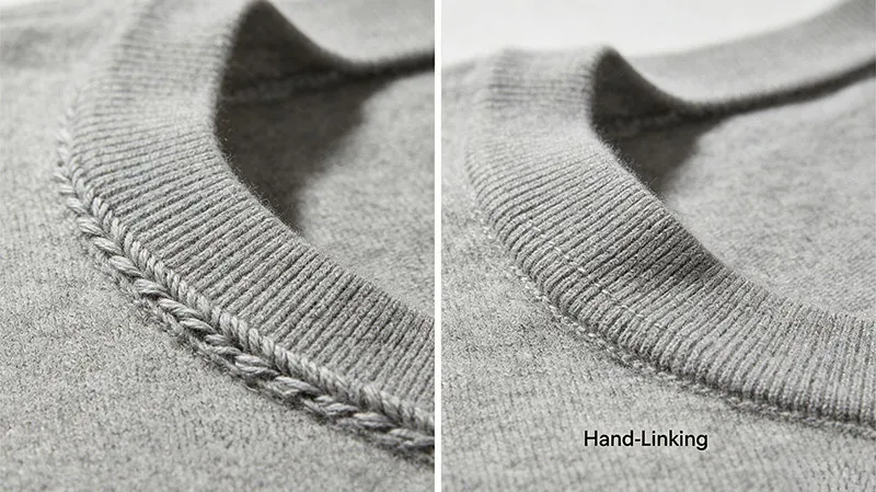Hand-linked seam construction on men's sweater vest armhole and collar