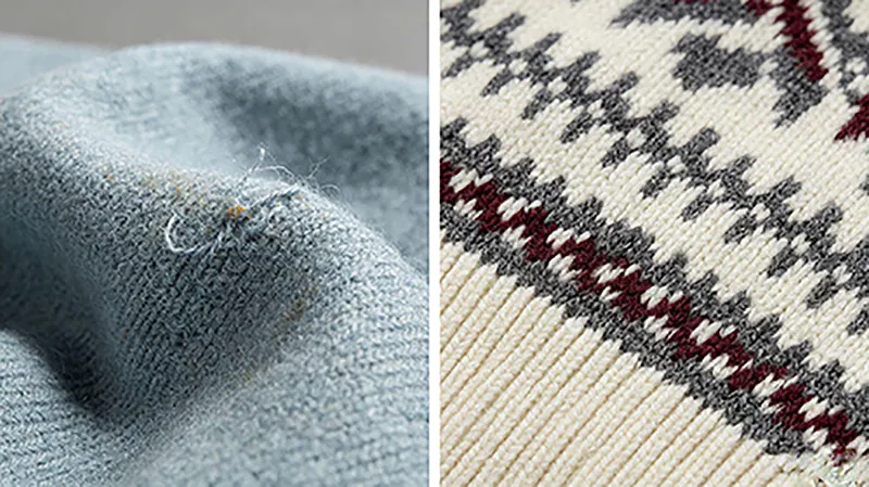 Macro detail comparison of bad jacquard sweater floating threads and poor yarn tension vs high quality knitwear craftsmanship