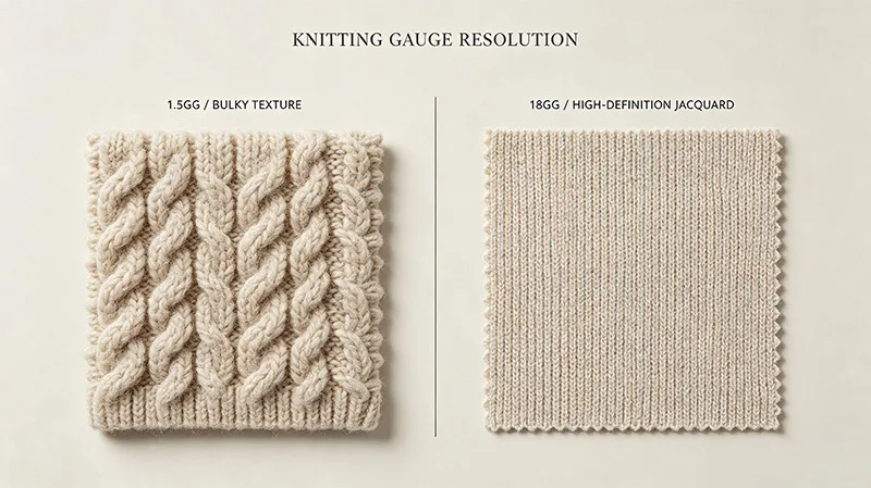 Knitting gauge resolution comparison from 1.5GG bulky textured sweater fabric to 18GG high-definition jacquard knit