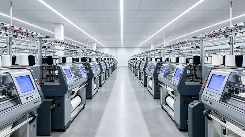 Factory floor equipped with 110 advanced German STOLL computerized flat-knitting machines for jacquard sweater manufacturing
