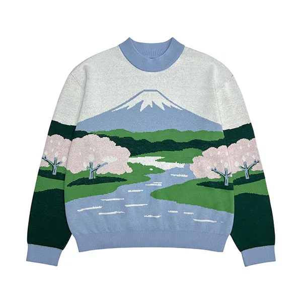 heavyweight mountain landscape intarsia sweater