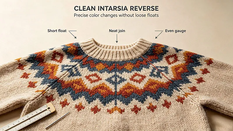 Clean intarsia sweater reverse showing precise color changes without loose floating threads or edge distortion