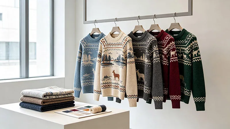 Showroom display of custom wholesale jacquard sweaters and color yarn swatches from JM Sweater manufacturing facility