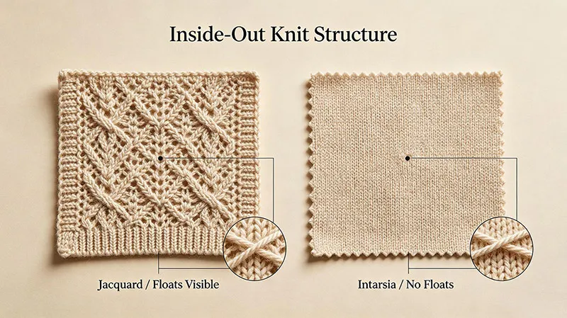 Inside-out knit structure comparison showing Jacquard float-back reverse with visible floating yarns versus Intarsia float-free clean single-layer reverse