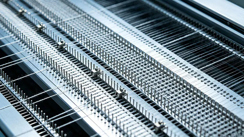 Macro view of 16GG fine-gauge knitwear needle bed and precise yarn carrier movement during advanced high-density intarsia knitting