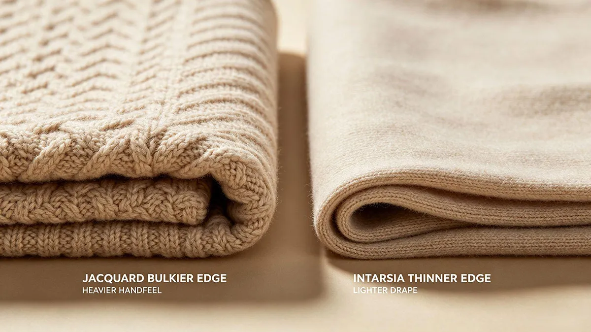 Fabric handfeel and edge thickness comparison showing bulkier structure and heavier handfeel of Jacquard versus lighter weight and refined drape of Intarsia