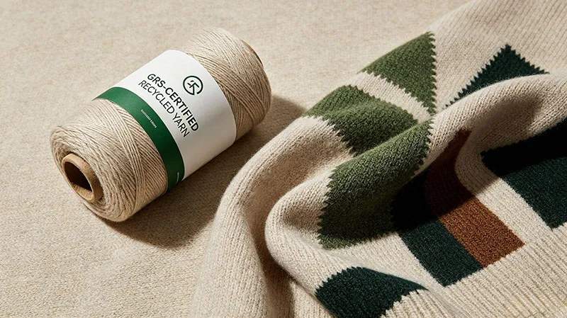 GRS certified recycled yarn cone displayed alongside luxury eco-friendly intarsia sweater production showcasing sustainable B2B sourcing standards