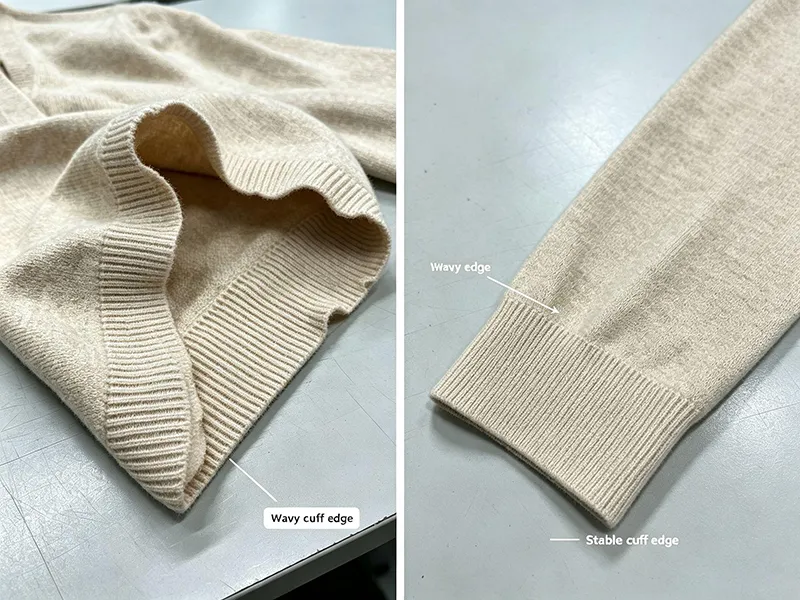 Comparison of wavy vs reinforced cuff edge on knit cardigan