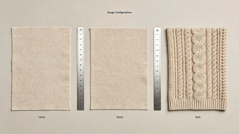 Cardigan gauge comparison: 14GG, 12GG, and 3GG cable swatches