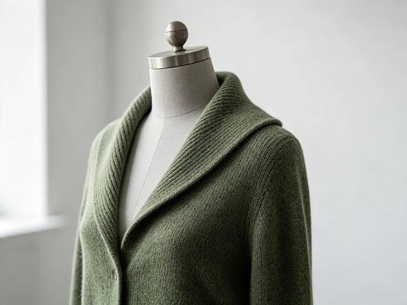 Green shawl collar cardigan on mannequin showing 3D knit roll