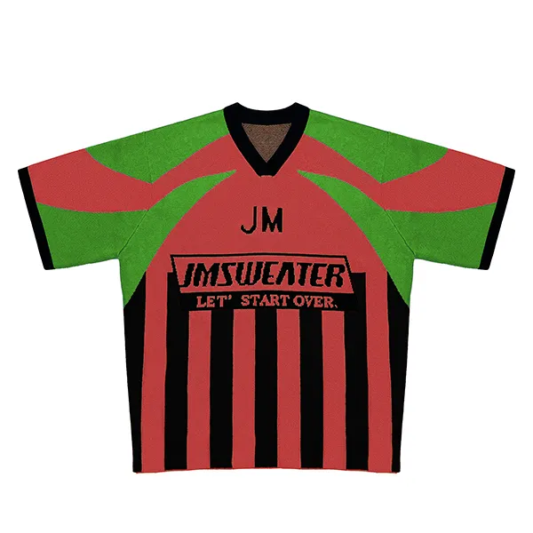 short sleeve v-neck knit jersey t-shirt with graphic text black and red
