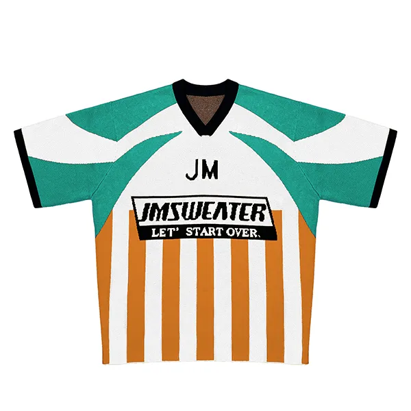short sleeve v-neck knit jersey t-shirt with graphic text orange and white