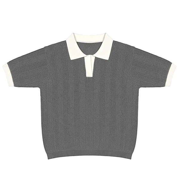 herringbone textured short sleeve knit polo grey