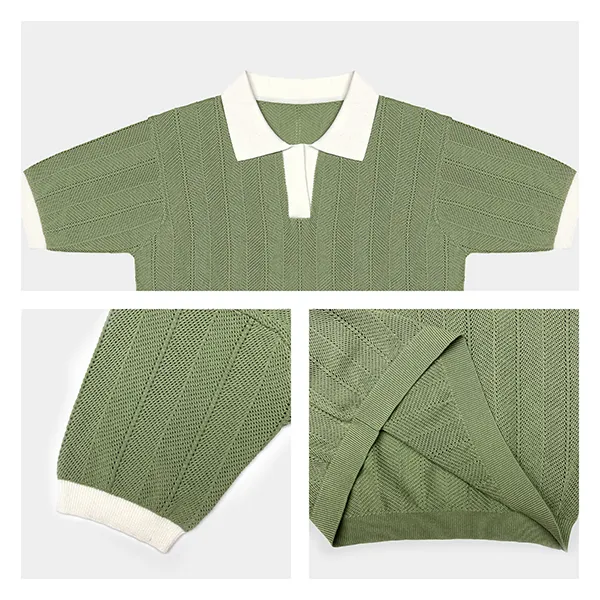 herringbone textured short sleeve knit polo knitting details