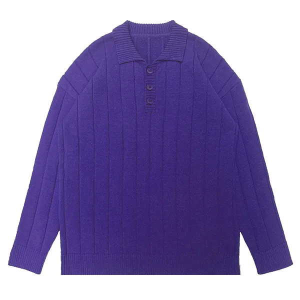 wide ribbed knit polo pullover with button placket purple