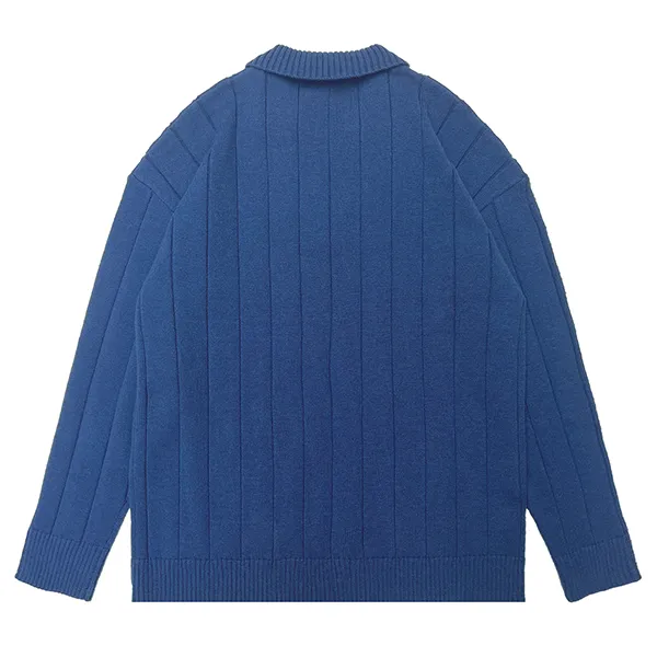 wide ribbed knit polo pullover with button placket back