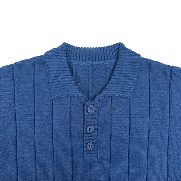 wide ribbed knit polo pullover with button placket collar details