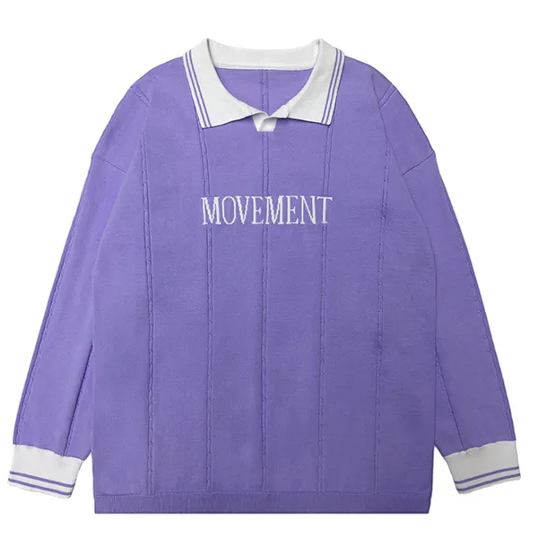 oversized knit polo with embroidered text purple