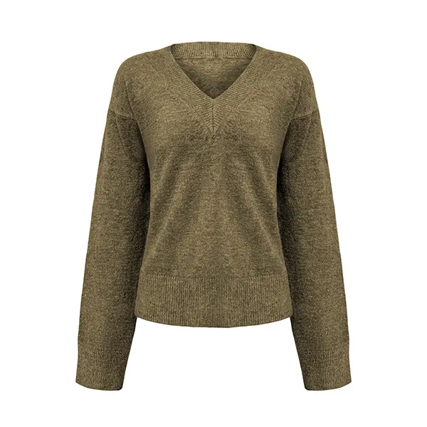 v-neck drop shoulder ribbed knit pullover brown