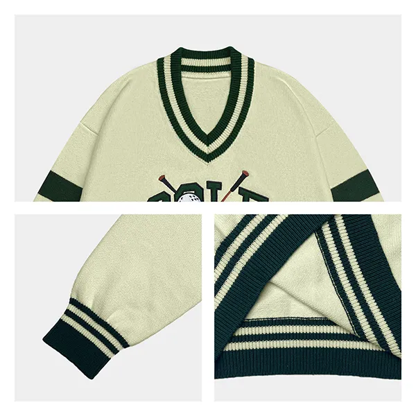 v-neck golf graphic knit pullover knitting details