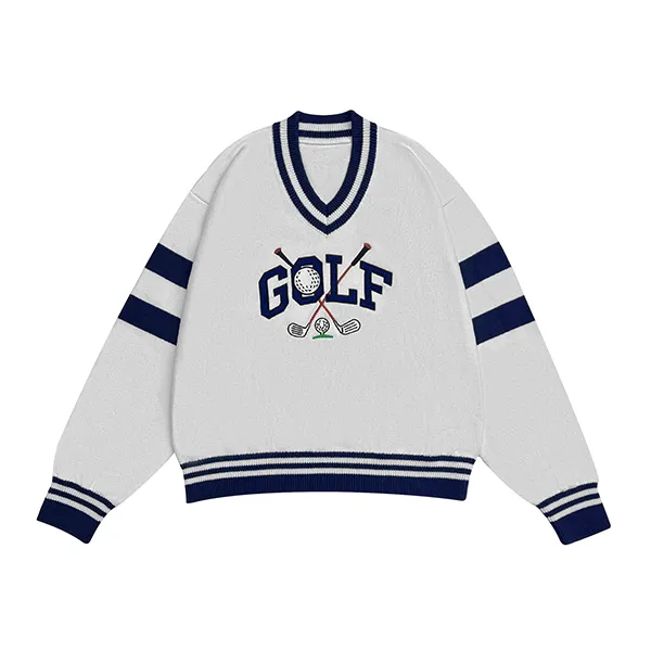 v-neck golf graphic knit pullover blue and white