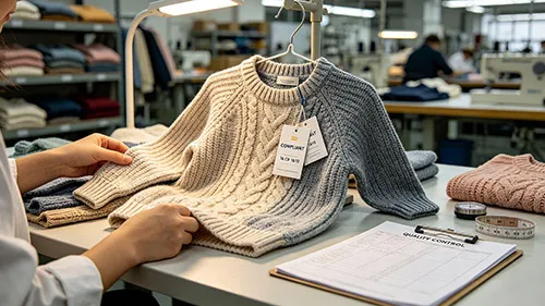 Sweater factory quality inspection for CPSC 16 CFR 1610 flammability compliance on kids cable knit pullover
