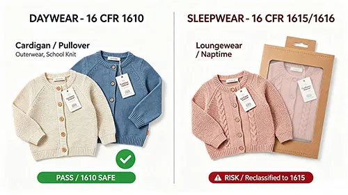 Comparison chart showing 16 CFR 1610 daywear vs 16 CFR 1615 sleepwear reclassification risks for children cardigans
