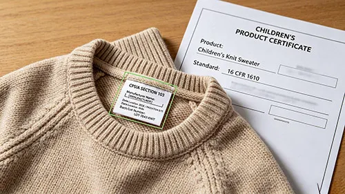 CPSIA Section 103 permanent tracking label sewn inside kids sweater alongside Children Product Certificate CPC document