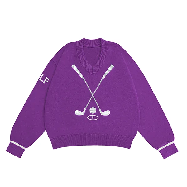 v-neck golf embroidered knit pullover purple