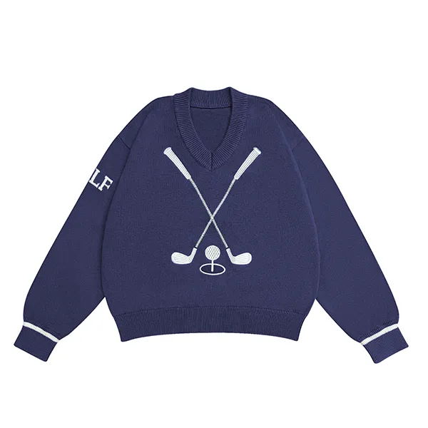 v-neck golf embroidered knit pullover blue